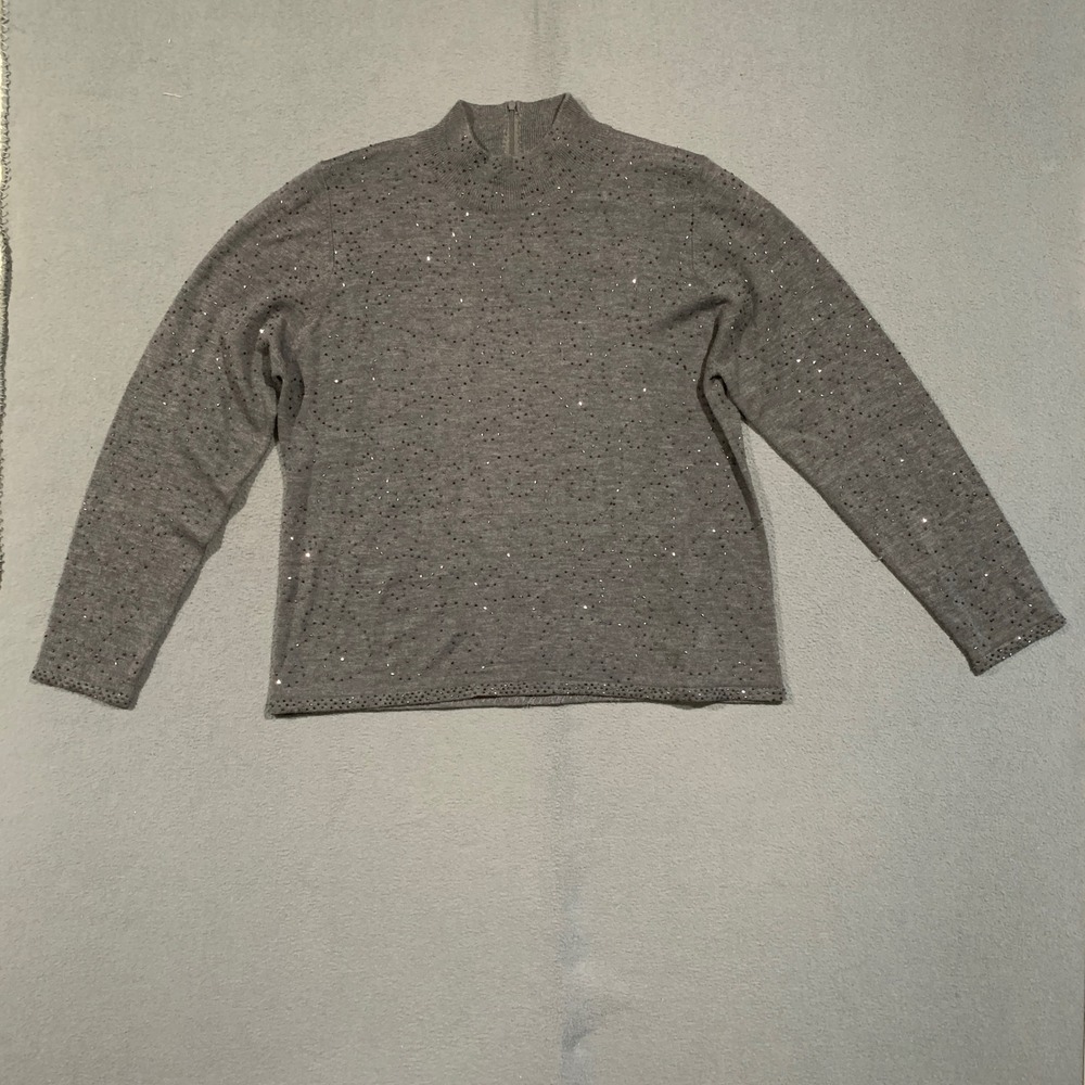 Gladys Bagley Sweater Women XL Gray All Over Micro Beading Mock Neck Zip Back